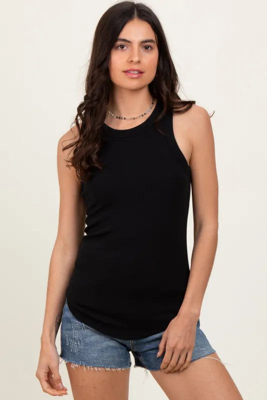 Black Ribbed Basic Crew Neck Tank sold by Pinkblush