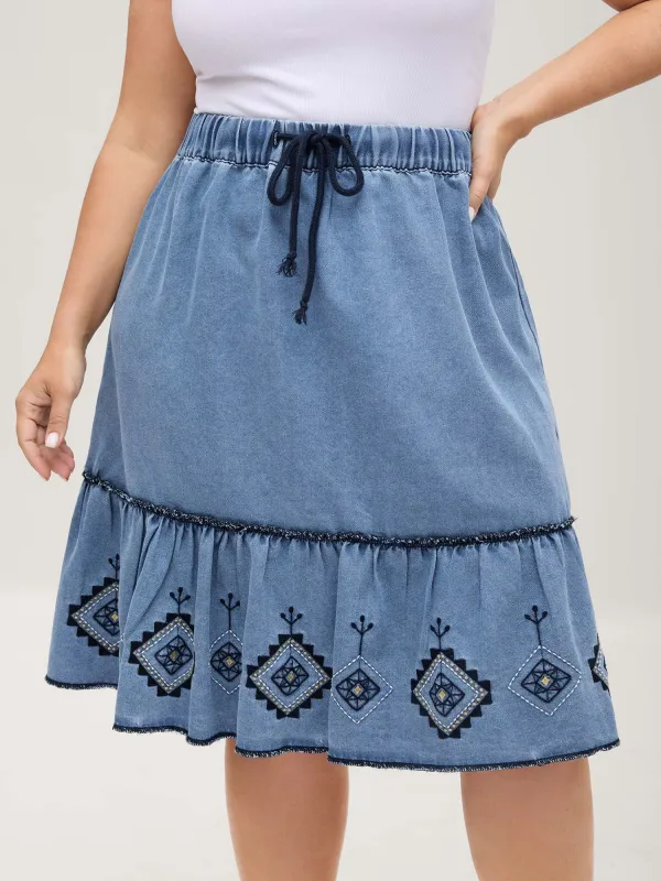 Boho Embroidery Ruffled Hem Denim Skirt sold by Bloomchic