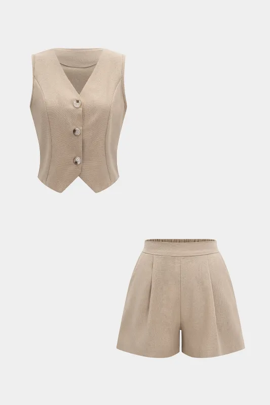 Linen V-Neck Button Tank Top And Ruched Shorts Set sold by Micas