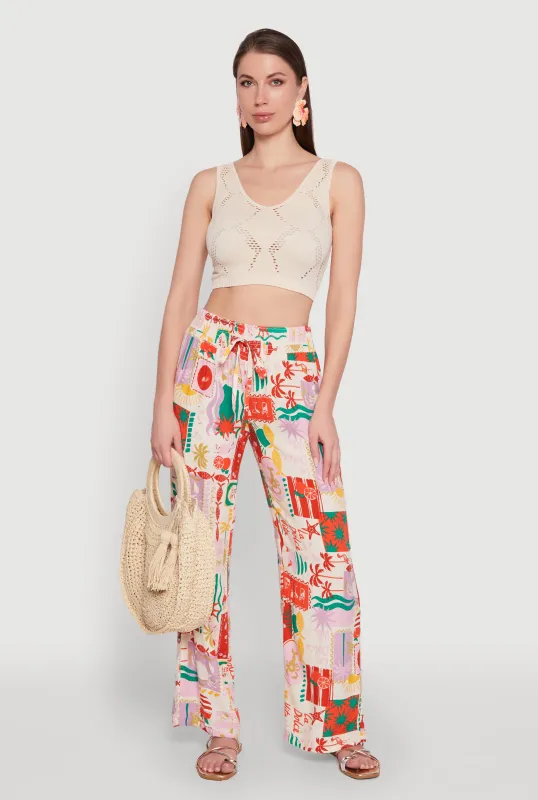 Patterned Faux Drawstring Smocked Waist Palazzo Pants sold by Rainbow