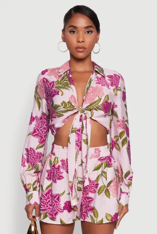 Chic Floral Long Sleeve Tie Front Crop Top sold by Rainbow