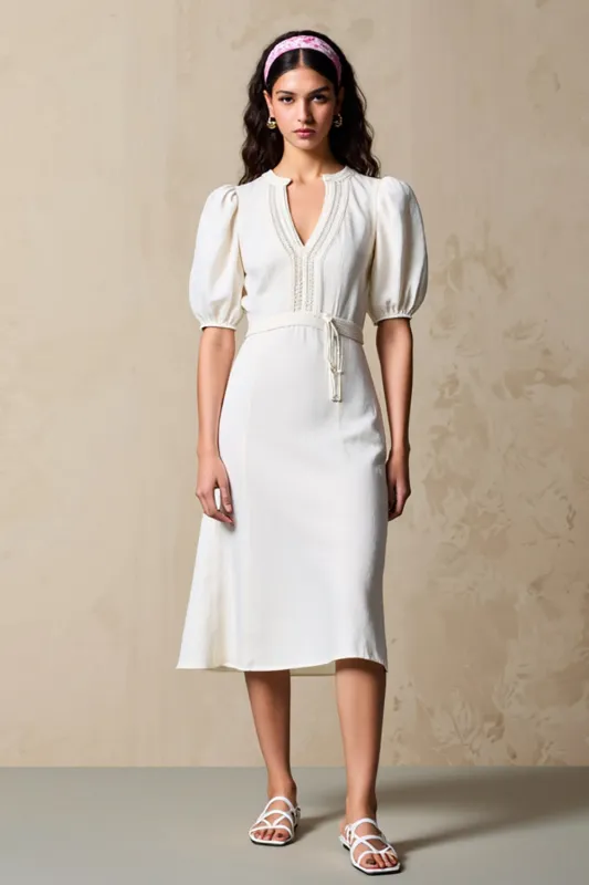 Ivory Sheath Puff Sleeves Weddig Guest Dress sold by Zapaka