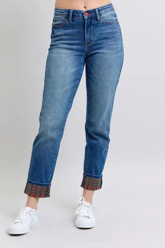 Judy Blue Full Size Plaid Print Cuff Straight Leg Jeans with Pockets sold by Roxie’s Picks