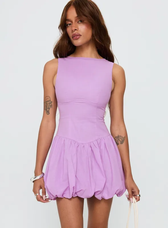 Cicely Bubble Hem Mini Dress Lilac sold by Princess Polly