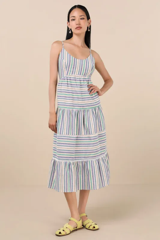 Journi Green Multi Striped Tiered Midi Dress sold by Lulus