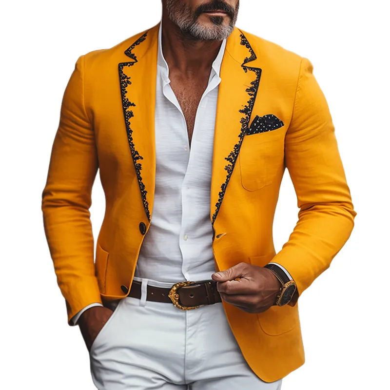 Men's  Spring and Summer Thin Fashion Casual American Retro Western Tough Style Cotton And Linen Embroidery Slim Fit Single-breasted Blazer  MTA1654F6K sold by Manly