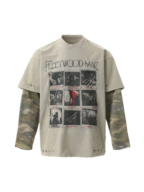 Distressed Camouflage Faux Two-Piece Graphic T-Shirt sold by Thesupermade