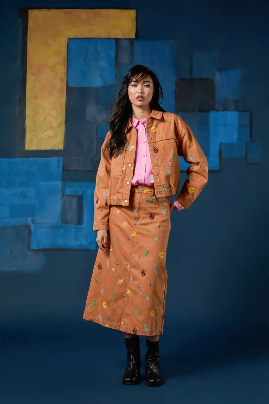 Desert Garden Denim Midi Skirt sold by gorman