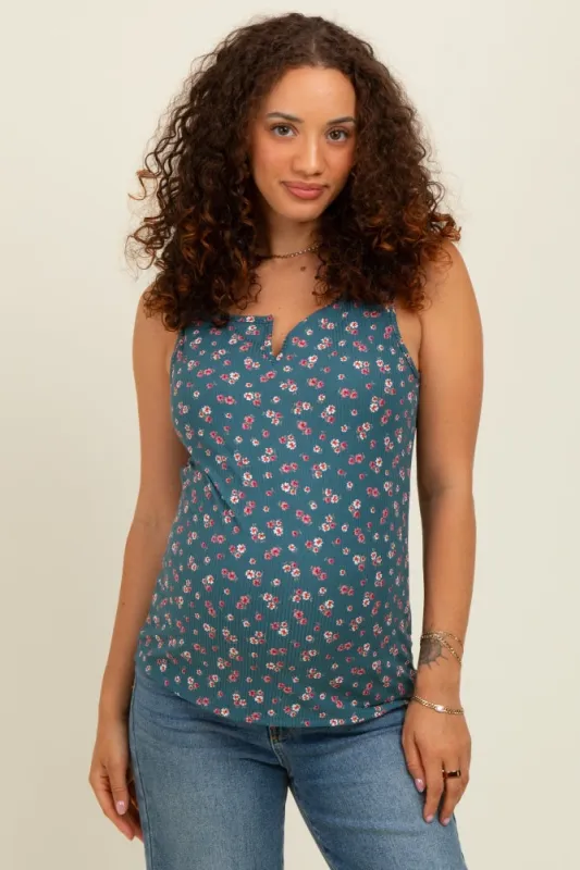 Teal Floral Ribbed Split Neck Maternity Tank Top sold by Pinkblush