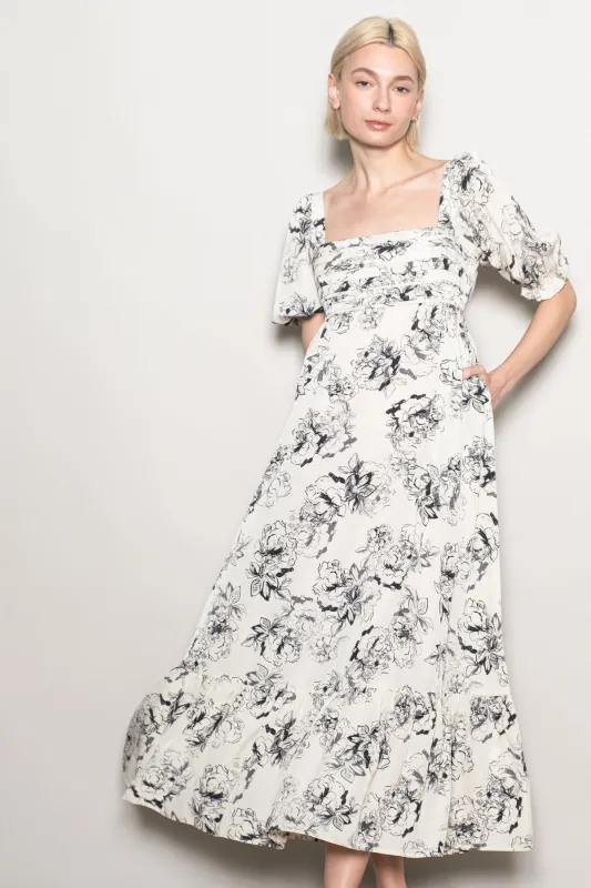 Ivory Rose Print Pleated Bodice Maxi Dress sold by Pinkblush