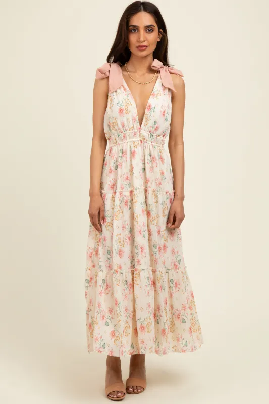 Cream Floral Shoulder Tie Deep V-Neck Tiered Maxi Dress sold by Pinkblush