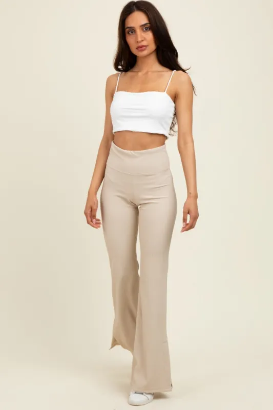 Cream Ribbed Split Flare Leggings sold by Pinkblush