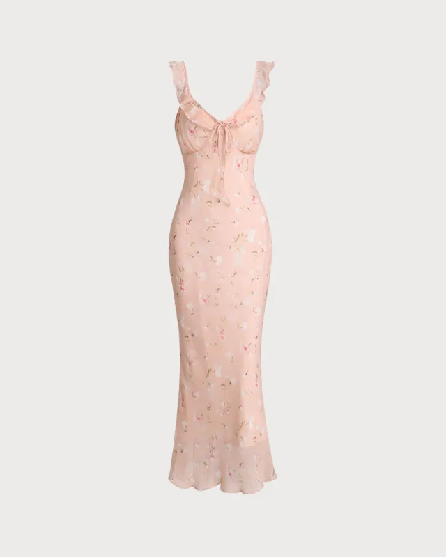 Pink Floral Ruffle Slip Midi Dress sold by rihoas