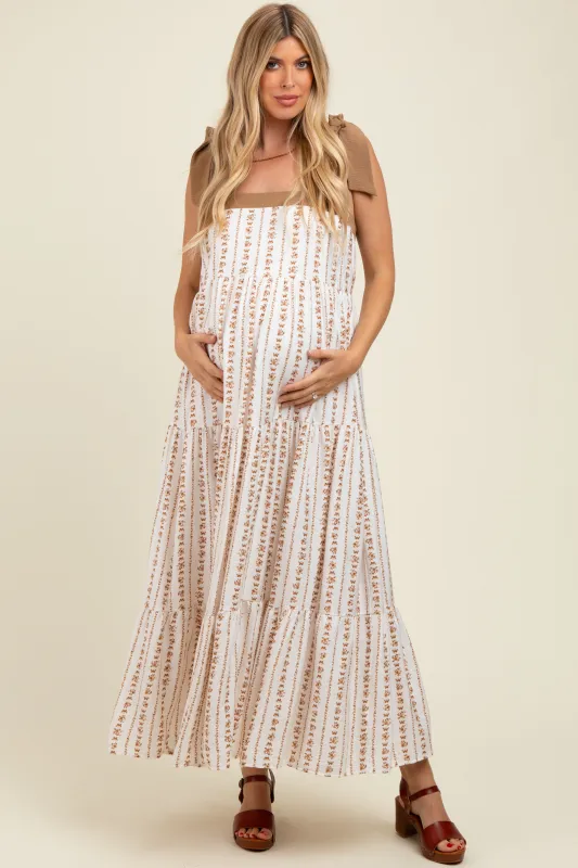 Mocha/White Ditzy Floral Sleeveless Tiered Maternity Maxi Dress sold by Pinkblush