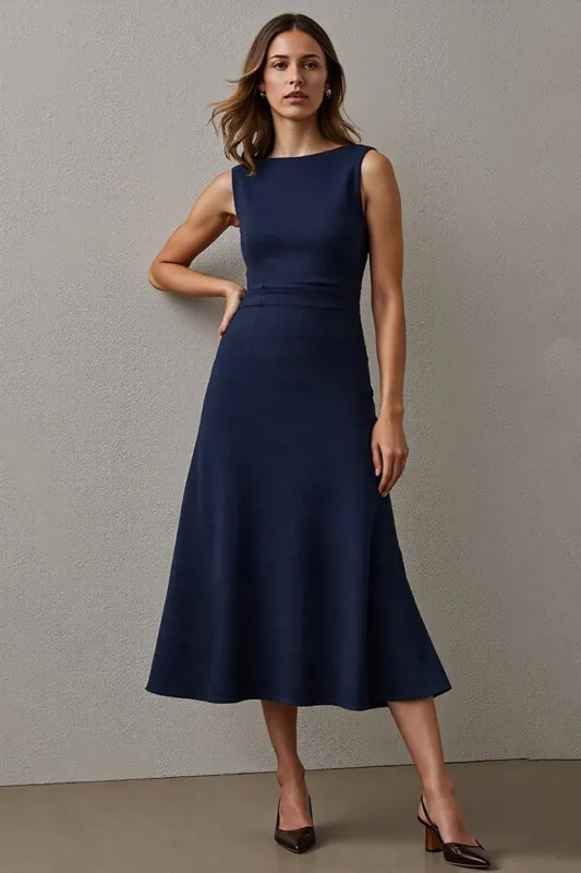 Navy A Line Boat Neck Maxi Work Dress sold by Zapaka