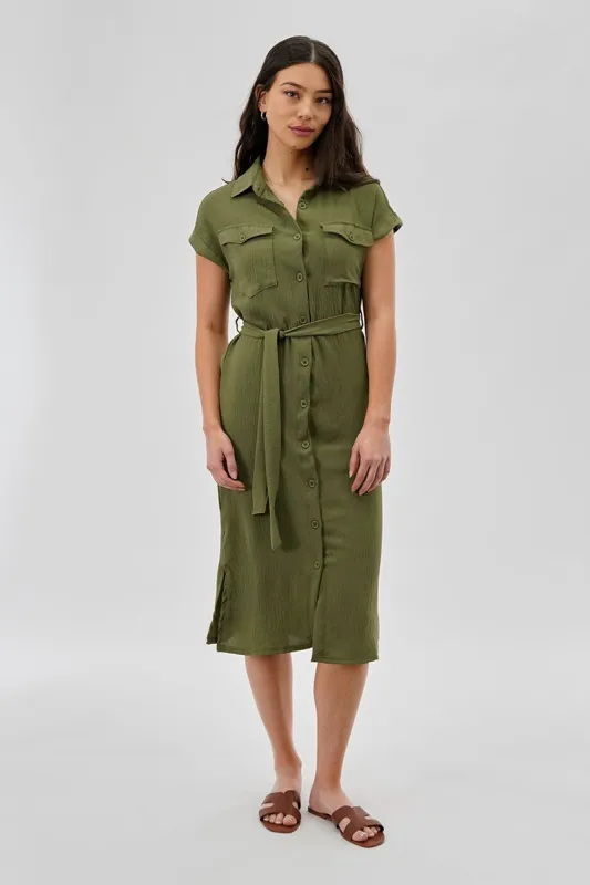 Stylexchange Vintage Belted Button Up Midi Dress - Olive sold by Fairweather