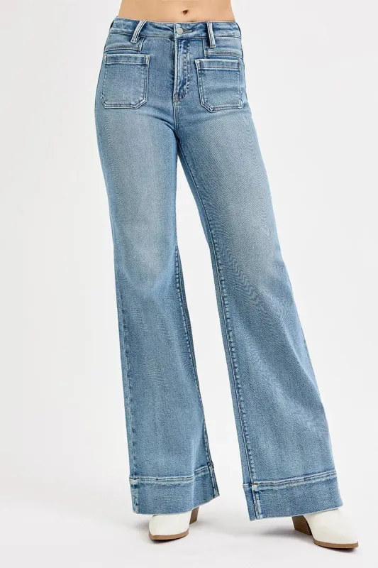 RISEN Full Size High Rise Wide Flare Patch Pocket Jeans Plus Size sold by Charming Charlie