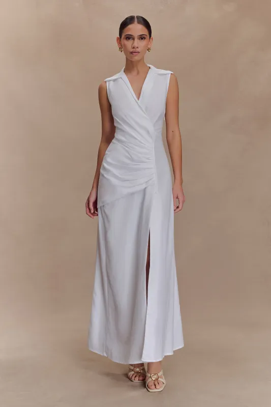 Dante Ruched Linen Midi Dress - White sold by Meshki