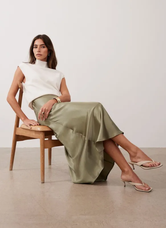 Khaki Satin Slip Midi Skirt sold by Mint Velvet