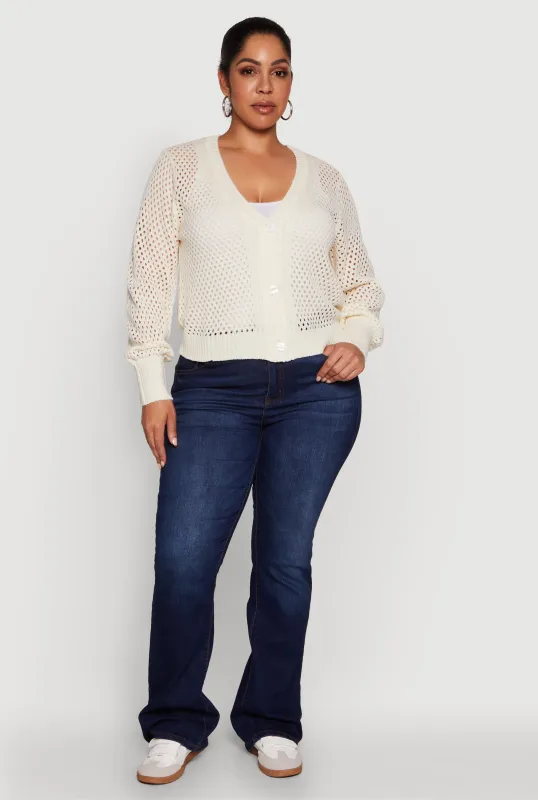 Plus Size Crochet Long Sleeve Button Front Cardigan sold by Rainbow