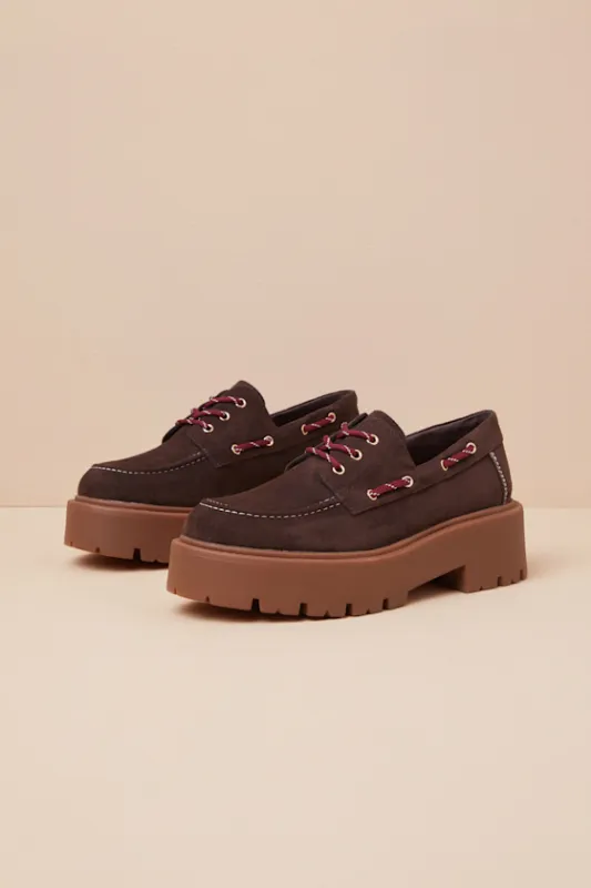 Caden Dark Brown Suede Lace-Up Platform Loafers sold by Lulus