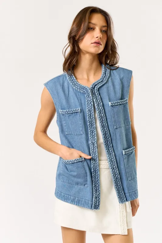The Jackie Sleeveless Braided Denim Jacket sold by Thread & Seed