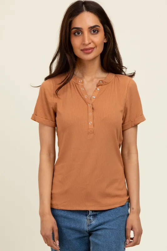 Camel Snap Button Short Sleeve Top sold by Pinkblush