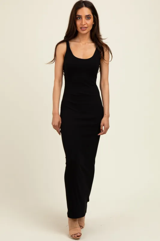 Black Scoop Neck Sleeveless Rayon Rib Maxi Knit Dress sold by Pinkblush