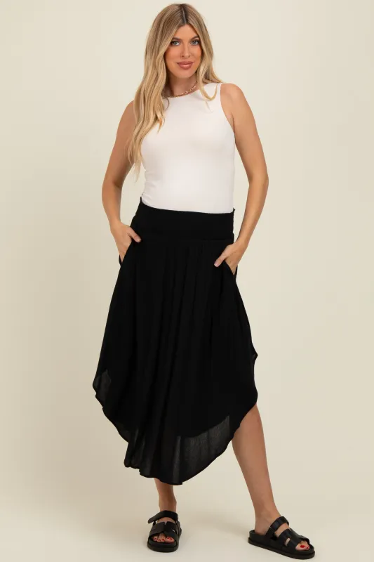 Black Smocked Waist Rounded Hem Maternity Skirt sold by Pinkblush