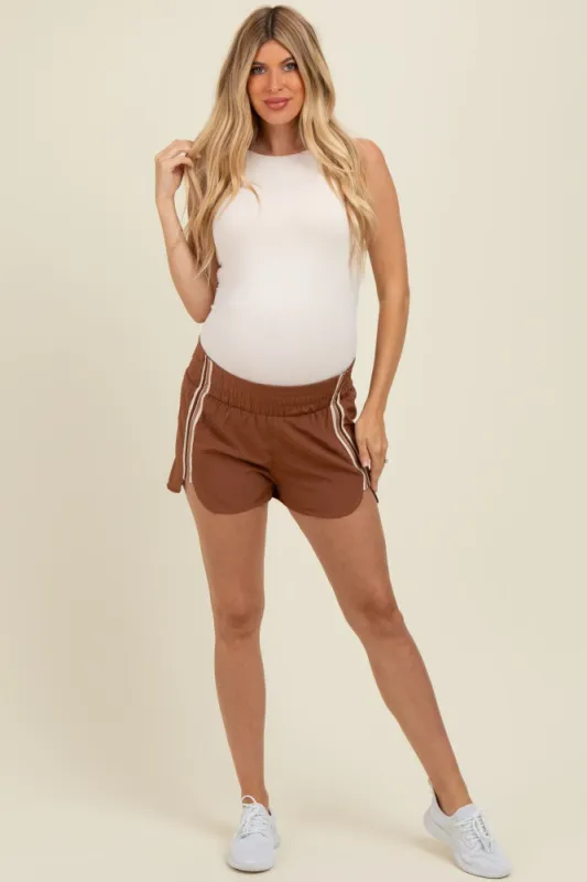Brown Stripe Detail Active Maternity Shorts sold by Pinkblush