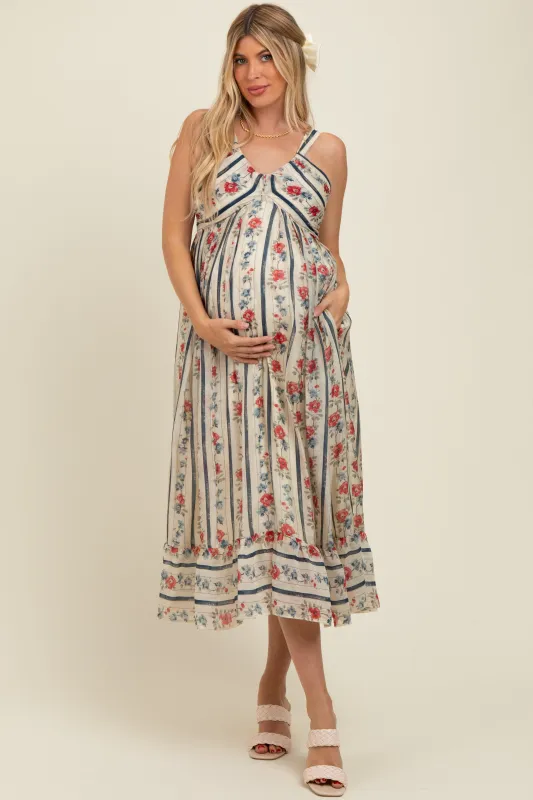 Multi Color Striped Floral Cotton Maternity Maxi Dress sold by Pinkblush