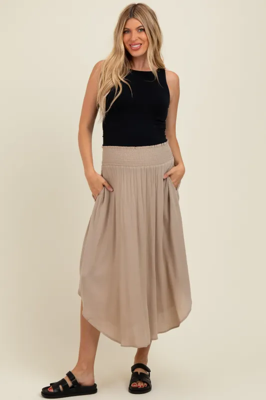 Beige Smocked Waist Rounded Hem Maternity Skirt sold by Pinkblush