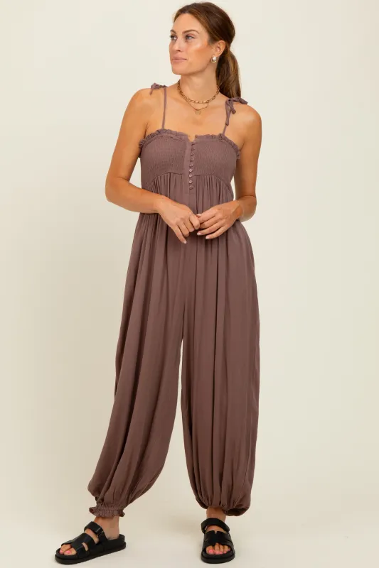 Mocha Smocked Button Front Shoulder Tie Jumpsuit sold by Pinkblush