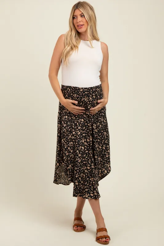 Black Floral Smocked Waist Maternity Skirt sold by Pinkblush