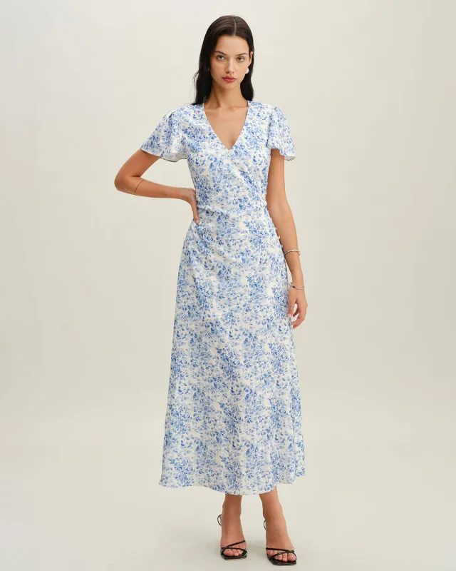 Blue Floral V Neck Button Maxi Dress sold by rihoas