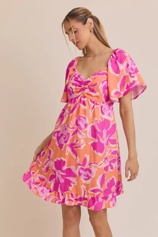Orange Abstract Floral Cinch Bust Dress sold by Pinkblush