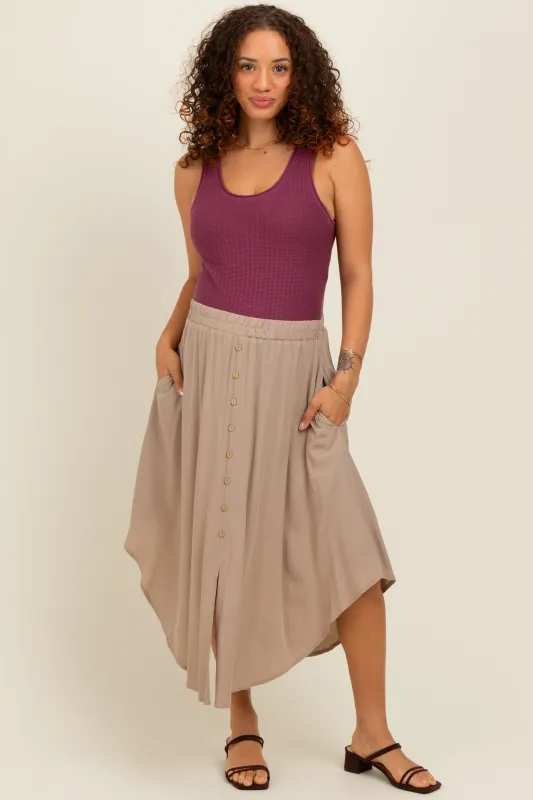 Beige Button Accent Round Hem Maternity Midi Skirt sold by Pinkblush