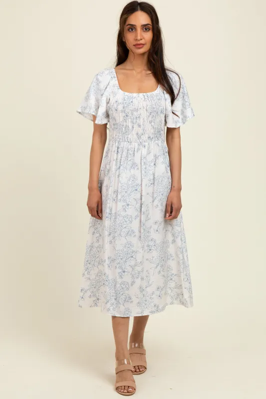 Ivory/Blue Printed Dress With Pockets sold by Pinkblush