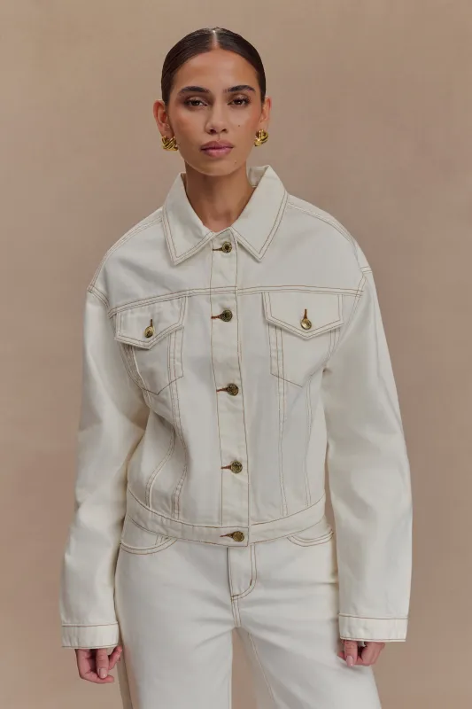 Kirra Cinched Denim Jacket - White sold by Meshki