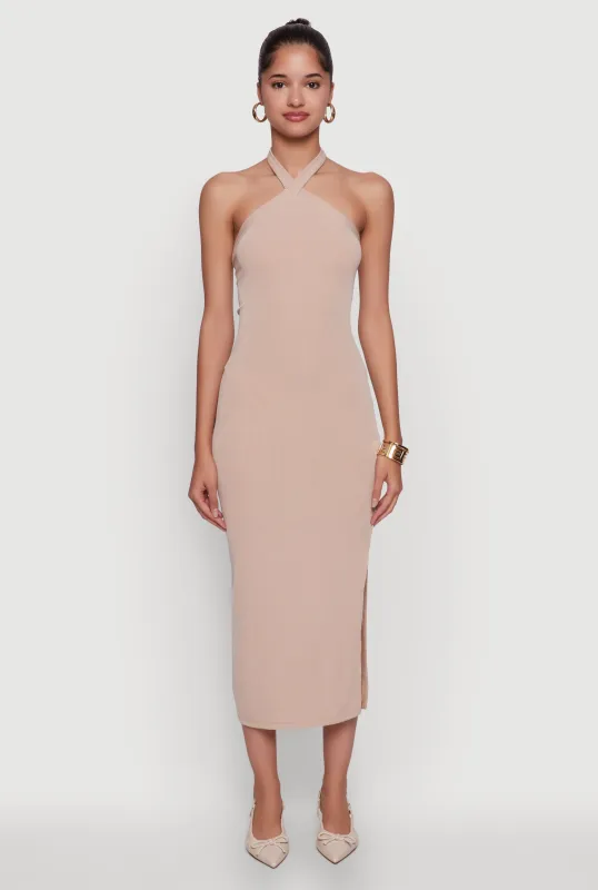 Ribbed Knit Bodycon Halter Dress with Side Slit sold by Rainbow