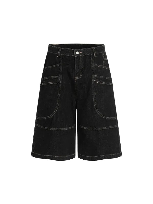Contrast Stitched Patch Pocket Denim Jorts sold by Thesupermade