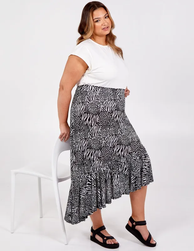 Curve Asymmetric Hem Tiered Midi Skirt sold by Blue Vanilla