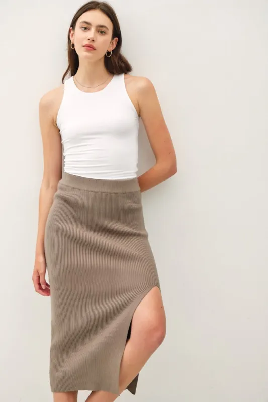 Olive Ribbed Knit Side Slit Midi Skirt sold by Pinkblush