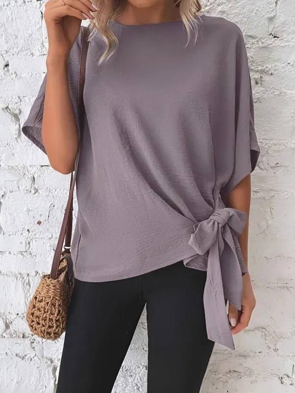 Solid Color Bat Sleeves Lace-Up Bow Blouse sold by Allegra K