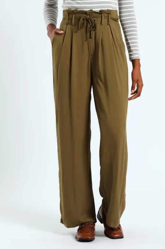 Paperbag Self Belt Wideleg Pant - Fatigue sold by Edgars
