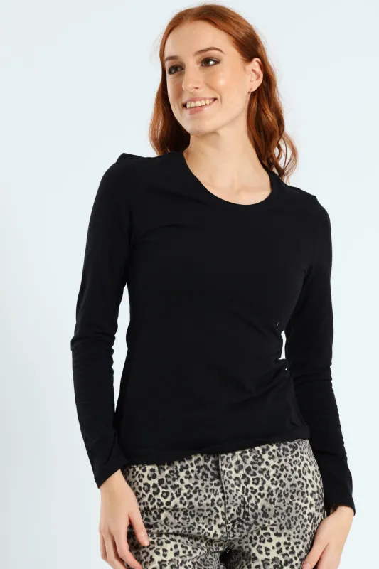 Long Sleeve Cotton Lycra Crew Top - Black sold by Edgars