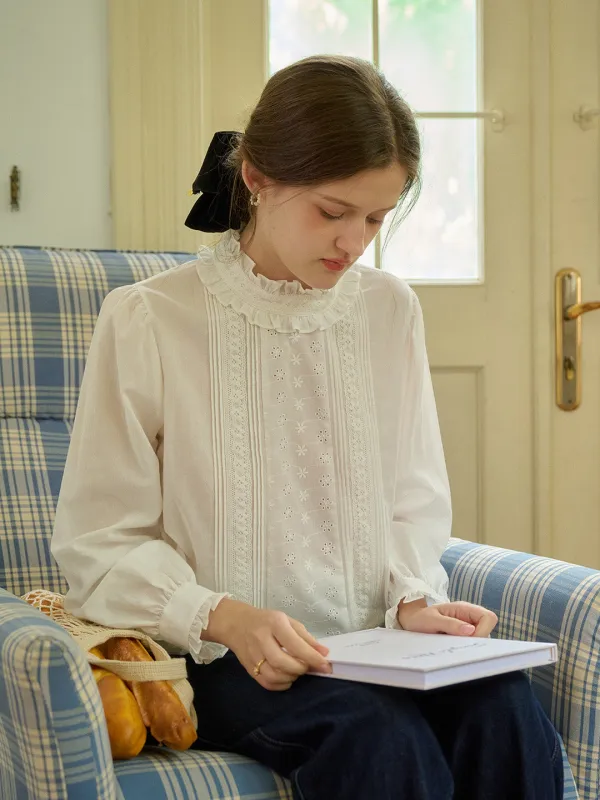 【Final Sale】Kiana Mock Neck Embroidered Cotton Eedwardian Style Blouse sold by Simple Retro