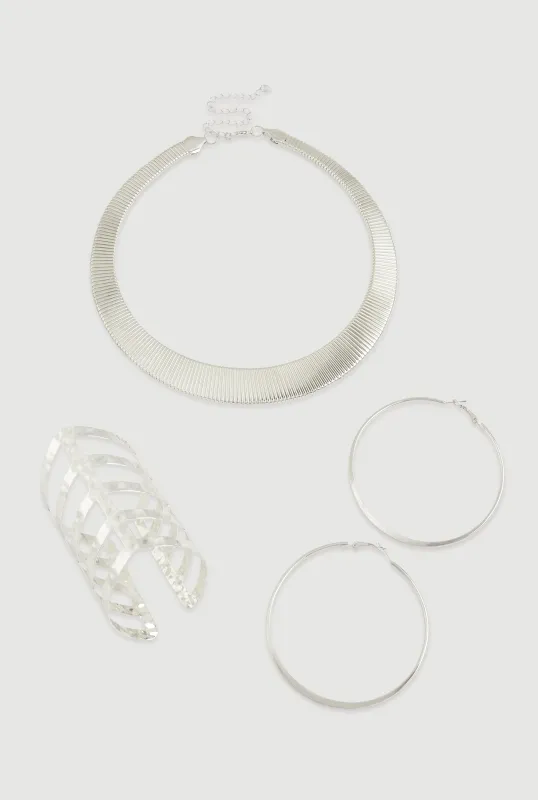 Trendy Metallic Hoop Earrings and Chocker with Cuff Bracelet 3-Piece Set sold by Rainbow