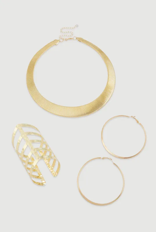 Trendy Metallic Hoop Earrings and Chocker with Cuff Bracelet 3-Piece Set sold by Rainbow
