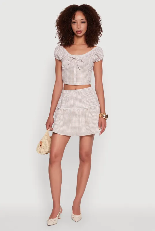Gingham Lace Trim Tiered Mini Skirt sold by Rainbow